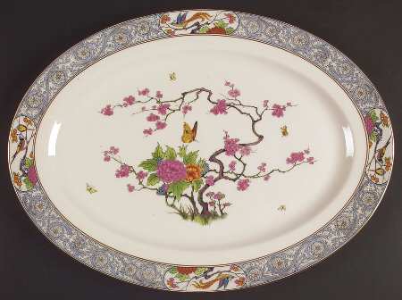 Ming-Birds (Older, Cream, Black Green Stamp) 18" Oval Serving Platter