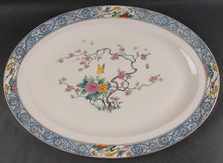 Ming-Birds (Older, Cream, Black Green Stamp) 21" Oval Serving Platter