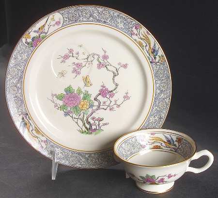 Ming-Birds (Older, Cream, Black Green Stamp) Snack Plate & Cup Set