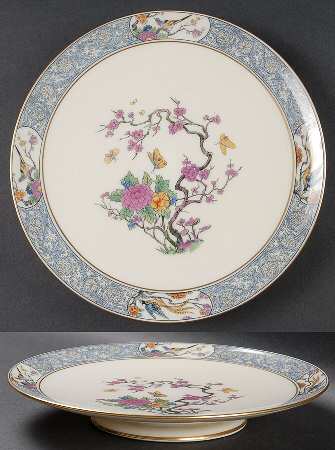 Ming-Birds (Older, Cream, Black Green Stamp) Footed Sandwich Plate by Lenox