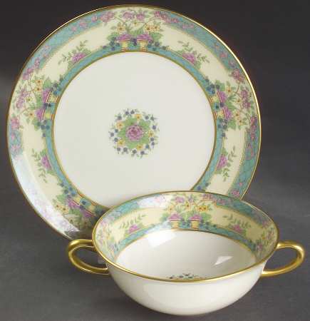 Monticello (Older Green) Flat Cream Soup Bowl & Dessert Plate/Saucer Set