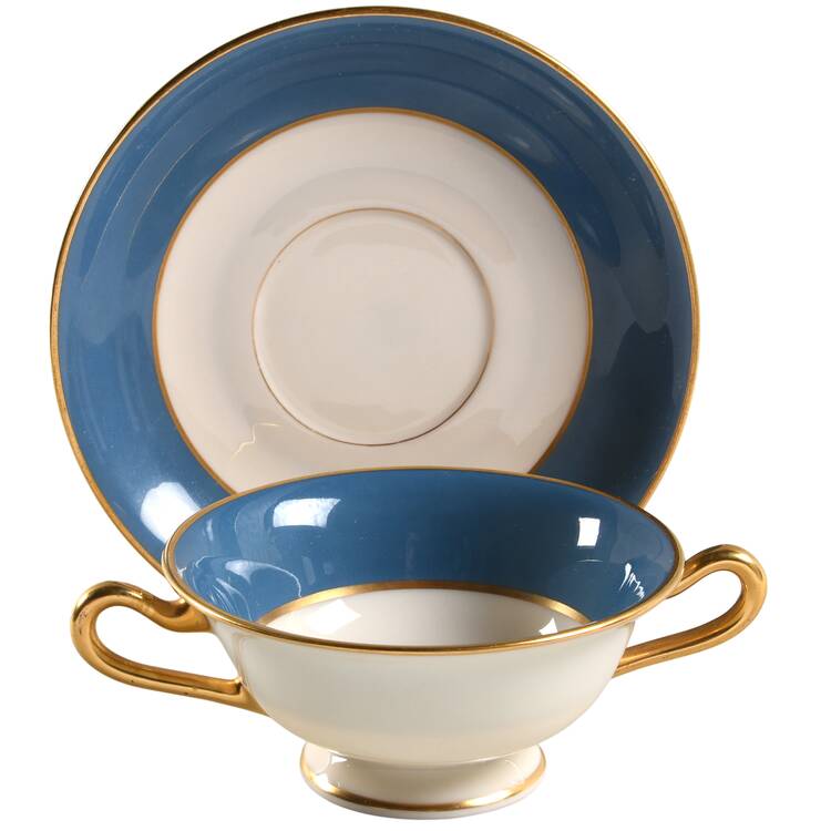 O46D Turquoise and Grey (Smooth) Footed Bouillon Cup & Saucer