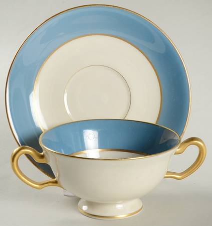 O46D Turquoise and Grey (Smooth) Footed Bouillon Cup & Saucer by Lenox