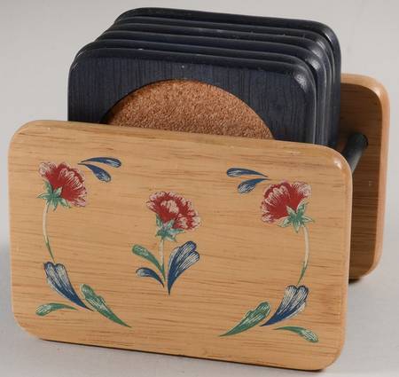 Poppies On Blue Coaster - Set of 6 & Wood Caddy