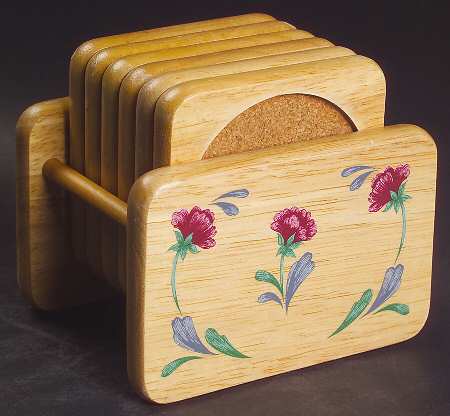 Poppies On Blue Coaster - Set of 6 & Wood Caddy