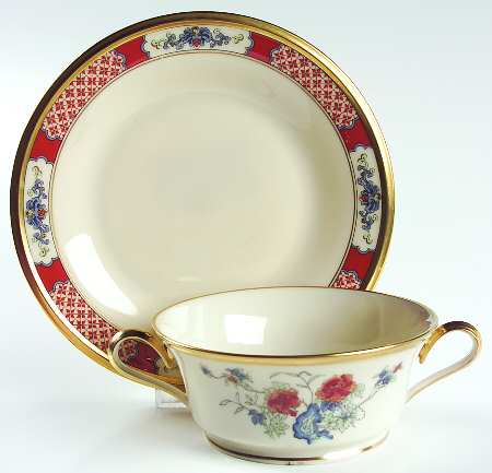 Red Lacquer Footed Cream Soup Bowl & Saucer Set