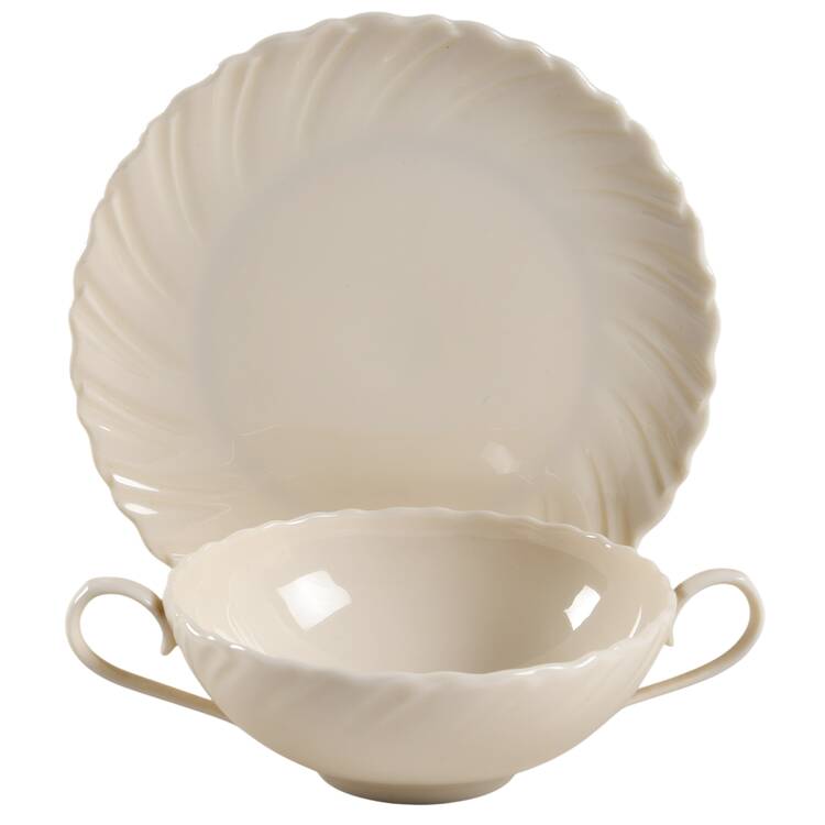 Sculpture (No Trim or Decoration) Flat Cream Soup Bowl & Dessert Plate/Saucer Set
