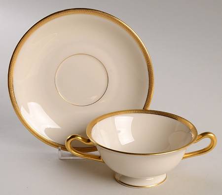 Tuxedo (Green Backstamp) Footed Cream Soup Bowl & Saucer Set