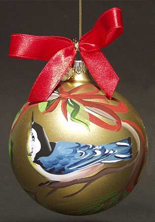 Winter Greetings Glassware Ball Ornament Nuthatch