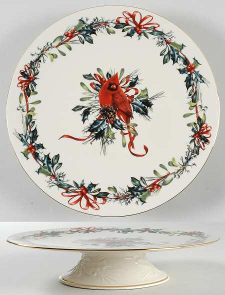Winter Greetings Carved Footed Cake Plate
