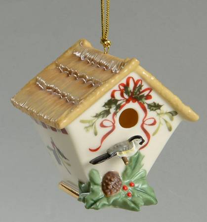 Winter Greetings Brown Roof Birdhouse Ornament
