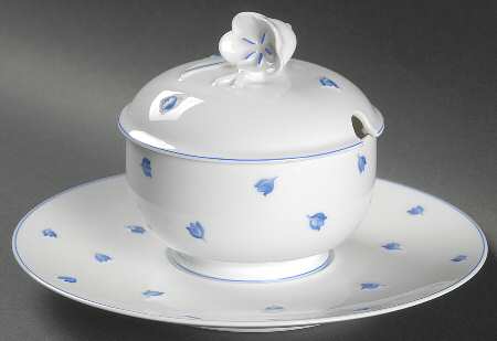 Muguet Blue Round Gravy Boat & Lid with Underlate