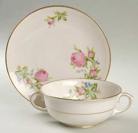 Moss Rose Footed Cream Soup Bowl & Saucer Set