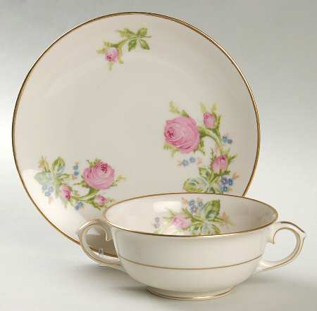 Moss Rose Footed Cream Soup Bowl & Saucer Set