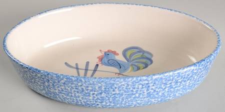 Blue Stipple with Rooster 13" Oval Baker