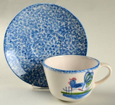 Blue Stipple with Rooster Flat Cup & Saucer Set