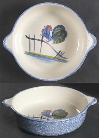 Blue Stipple with Rooster 12" Round Handled Bowl