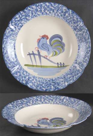 Blue Stipple with Rooster Large Rim Soup Bowl