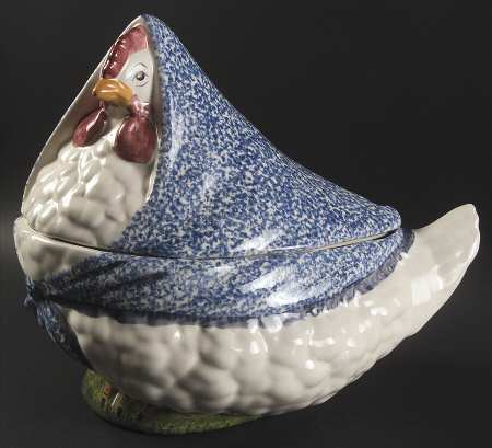 Blue Stipple with Rooster Figural Tureen & Lid
