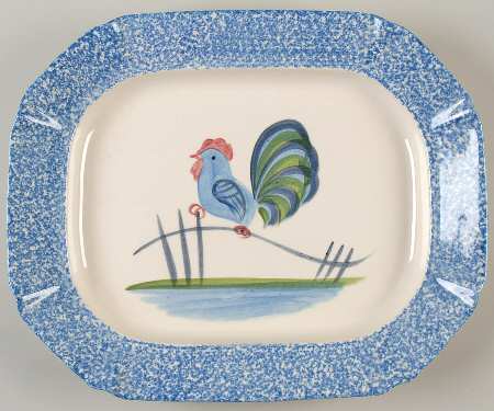 Blue Stipple with Rooster 15" Oval Serving Platter