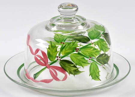 Holly (Green Trim) Cheese Dish W/Glass Dome