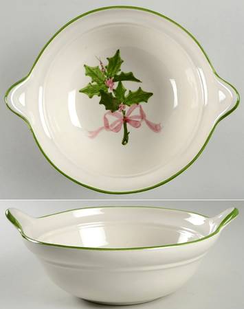 Holly (Green Trim) 11" Round Handled Bowl