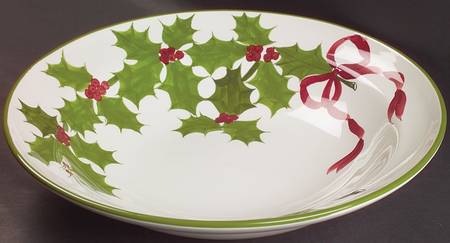 Holly (Green Trim) 14" Pasta Serving Bowl