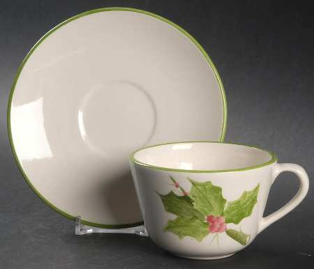 Holly (Green Trim) Flat Cup & Saucer Set