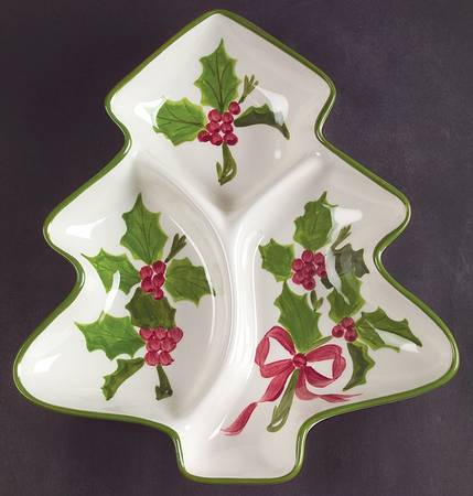 Holly (Green Trim) 3 Part Large Tree Shaped Dish
