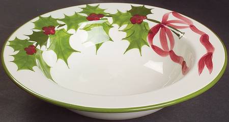 Holly (Green Trim) Large Rim Soup Bowl