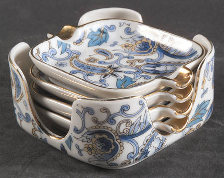 Blue Paisley Ashtray Set with Holder (4 Ashtrays & Holder)