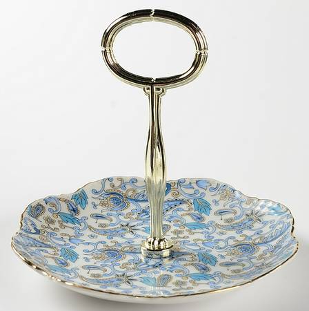 Blue Paisley Round Serving Plate with Handle (BBr)