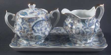 Blue Paisley Mini Creamer & Sugar with Lid & Tray