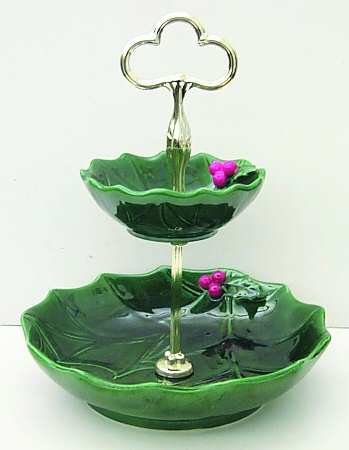 Green Holly Two-Tiered Serving Tray (Fruit, Soup Bowl)