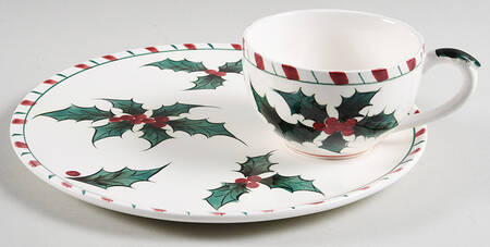 Holly Candy Cane Snack Plate & Cup Set