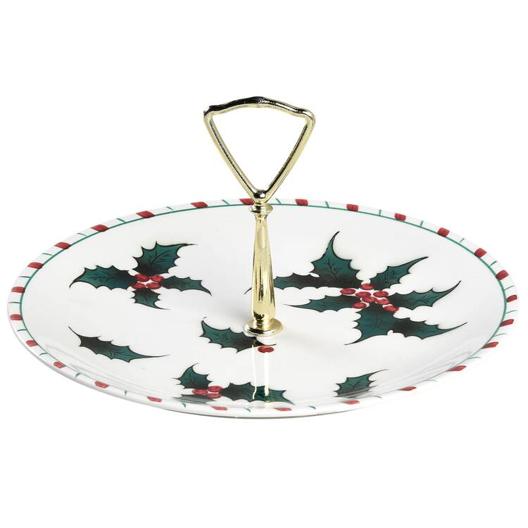Holly Candy Cane Round Serving Plate with Handle (DP)