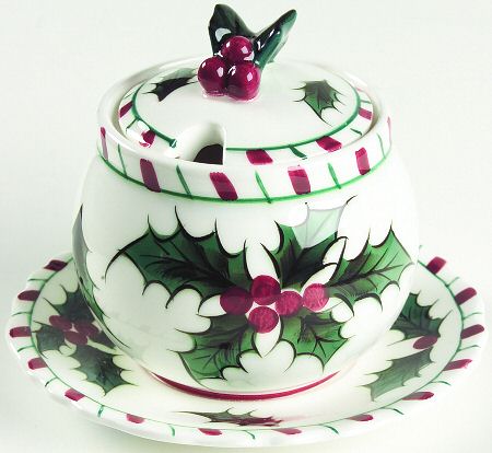 Holly Candy Cane Jam/Jelly & Lid w/Attached Underplate