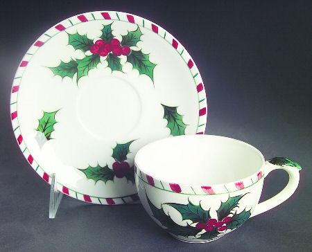 Holly Candy Cane Flat Cup & Saucer Set