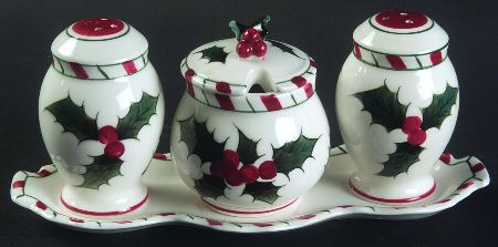Holly Candy Cane (5 Pc) Salt & Pepper, Mustard & Lid w/Tray