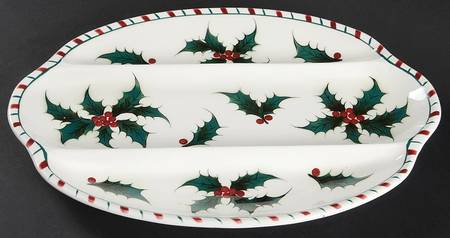 Holly Candy Cane 3 Part Oblong Divided Server