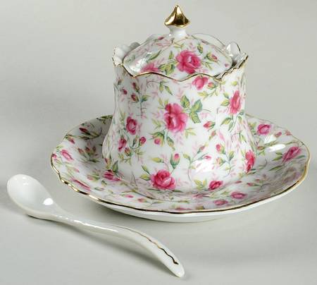 Rose Chintz Jam/Jelly & Lid, Ladle & Underplate