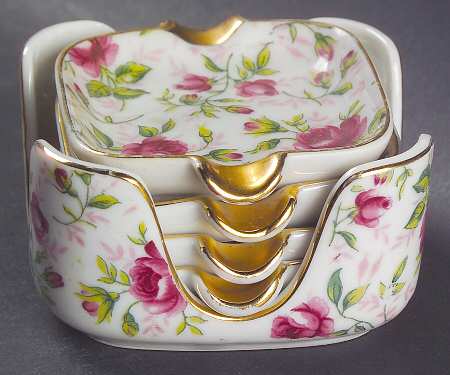 Rose Chintz Ashtray Set W/Holder