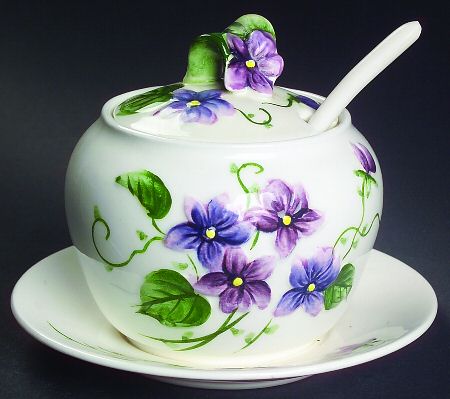 Sweet Violets Jam/Jelly & Lid w/Attached Underplate & Spoon