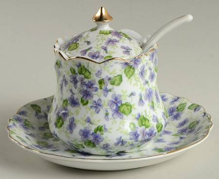 Violet Chintz Jam/Jelly & Lid, Ladle & Underplate