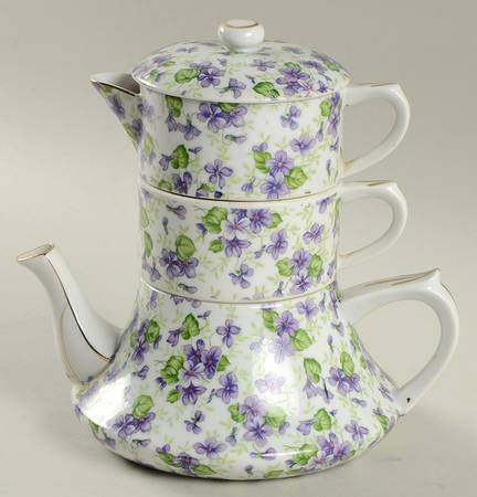 Violet Chintz Mini Tea Pot, Creamer, Sugar Stacking Set