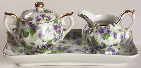 Violet Chintz Mini Creamer & Sugar with Lid & Tray