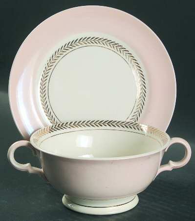 Federal Coral Pink Footed Cream Soup Bowl & Saucer Set