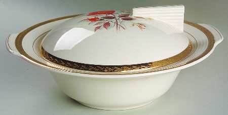 Vermillion Rose (Gold Leaf Band Edge) Round Covered Vegetable