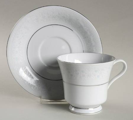 Brocade Blue and Pink Footed Cup & Saucer Set