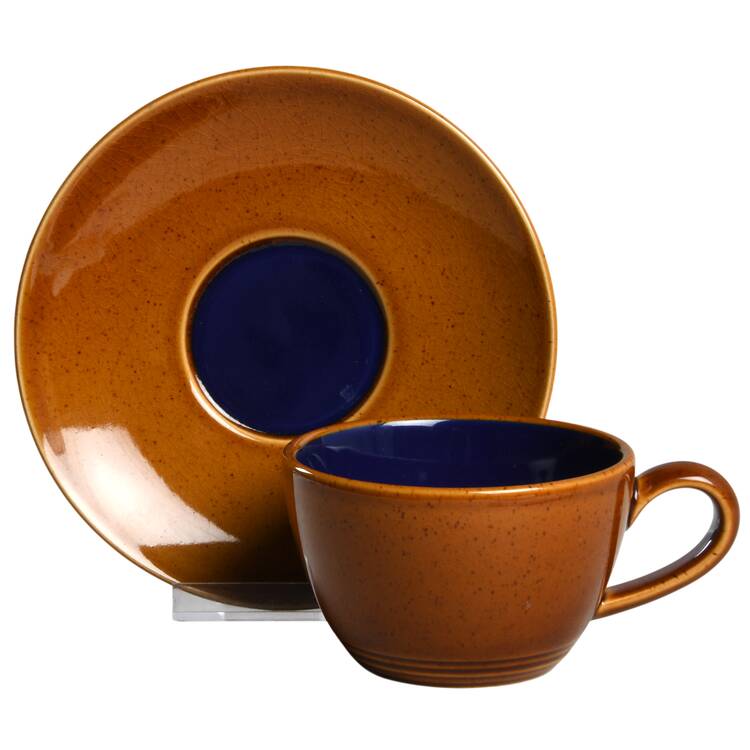 Yo Han Wheat Brown Cobalt Blue Flat Cup & Saucer Set
